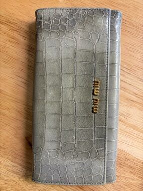 Miu Miu Croc-Embossed Long Wallet in Sage